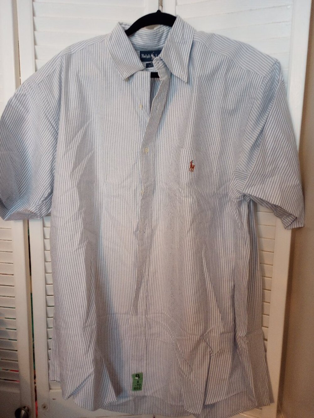 RALPH LAUREN MENS COTTON BLUE & WHITE STRIPED SHORT SLEEVE BUTTON DOWN TOP L
